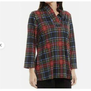 Ali Miles Tartan Plaid Scoop Ruffle Neck 3/4 Sleeve Red size large pletie